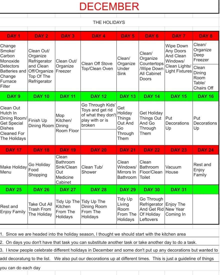 Nice cleaning schedule. I won't be doing this in December but ma