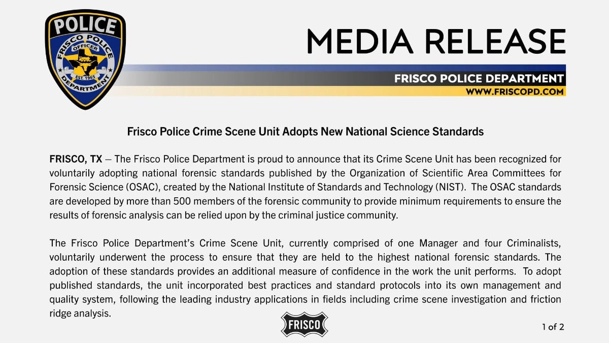 Frisco Police Crime Scene Unit Adopts New National Science Standards r/FriscoTX